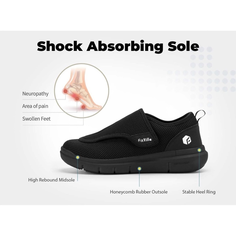 FitVille Men's EasyTop Wings Diabetic Comfort Shoes Orthopedic V2 Black 8.5EEW - Picture 3 of 16